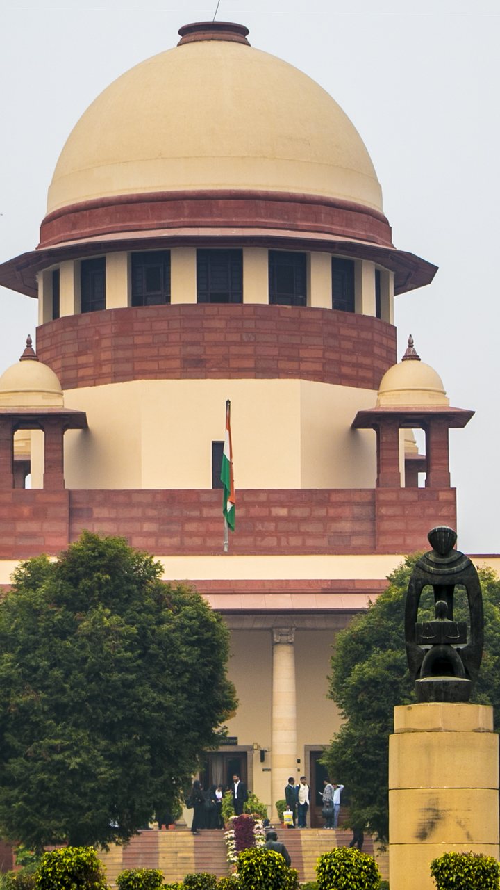 The domed central wing of the Supreme Court of India building in New Delhi, with the national flag and the garden in front
